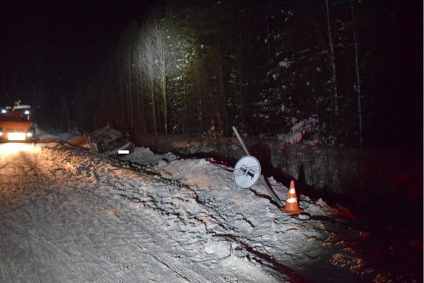 Водитель не справился с управлением, снес знак и улетел в кювет